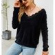 thumbnail image 4 of Suéter con cuello en V y hombros descubiertos para mujer, suéter de encaje de Color puro de manga larga para invierno, negro L, 4 of 7