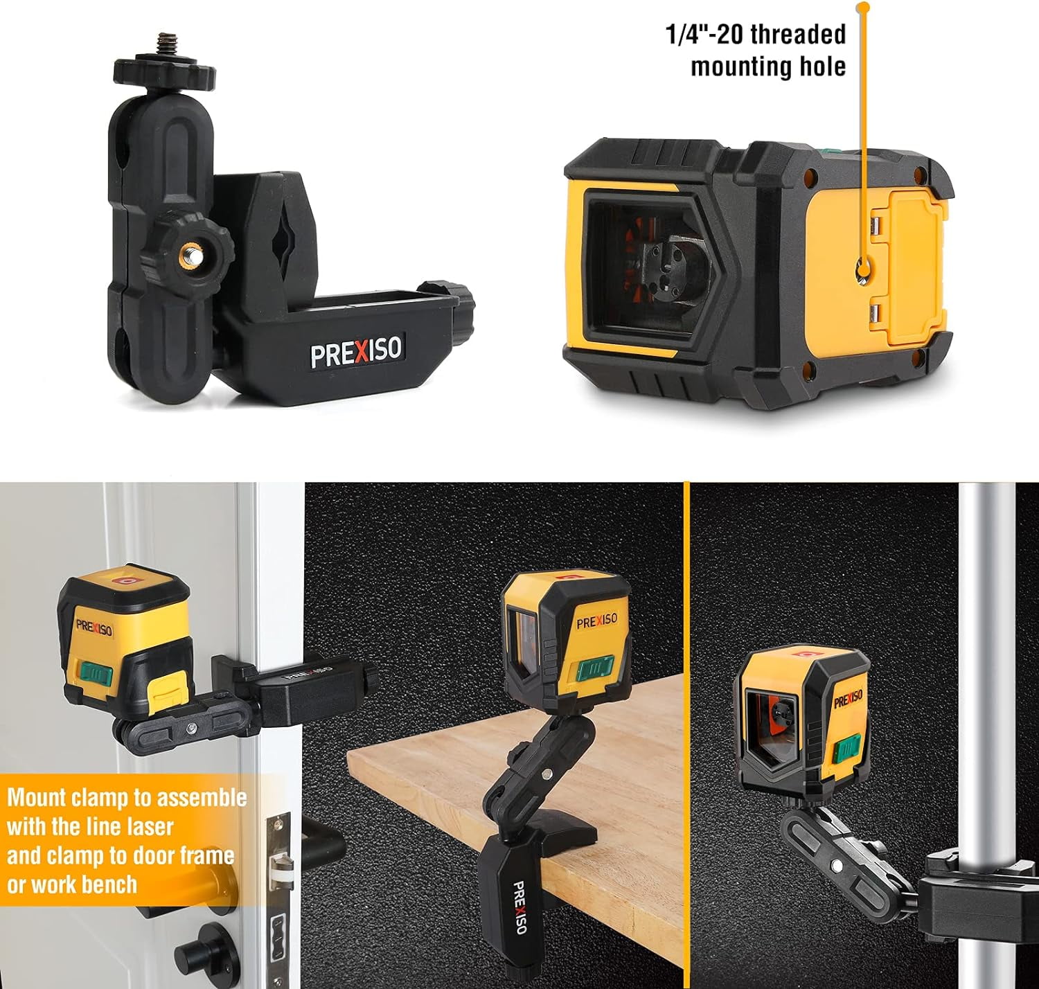 PREXISO Laser Level, 65Ft Self Leveling Cross Line Laser Level, Green Line leveler Tool for Hanging Picture, Floor Tile, Home Renovation with LED Indicator & 2 AA Batteries (360°Clamp)