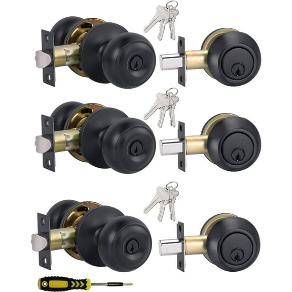 （3 Sets） All Keyed Alike Entry Door Knobs and Single Cylinder Deadbolt Lock Combo Set, Security for Entrance and Front Door with Classic Flat Ball Matte Black Finish