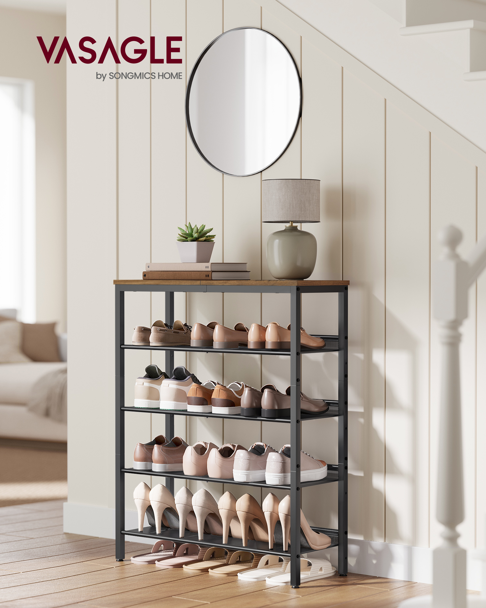 5-Tier Shoe Rack for Entryway, Shoe Storage Organizer for 16-20 Pairs, Wooden Top, Steel Frame - Industrial Honey Brown/Ink Black