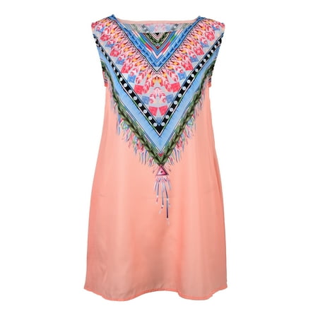 Thzy Orange Summer Women O Neck Sleeveless Dresses Retro Printed Thzy Orange Summer Women O Neck Sleeveless Dresses Retro Printed Casual Y Strapless Loose Chiffon Mini Dress Bohemian Beach M