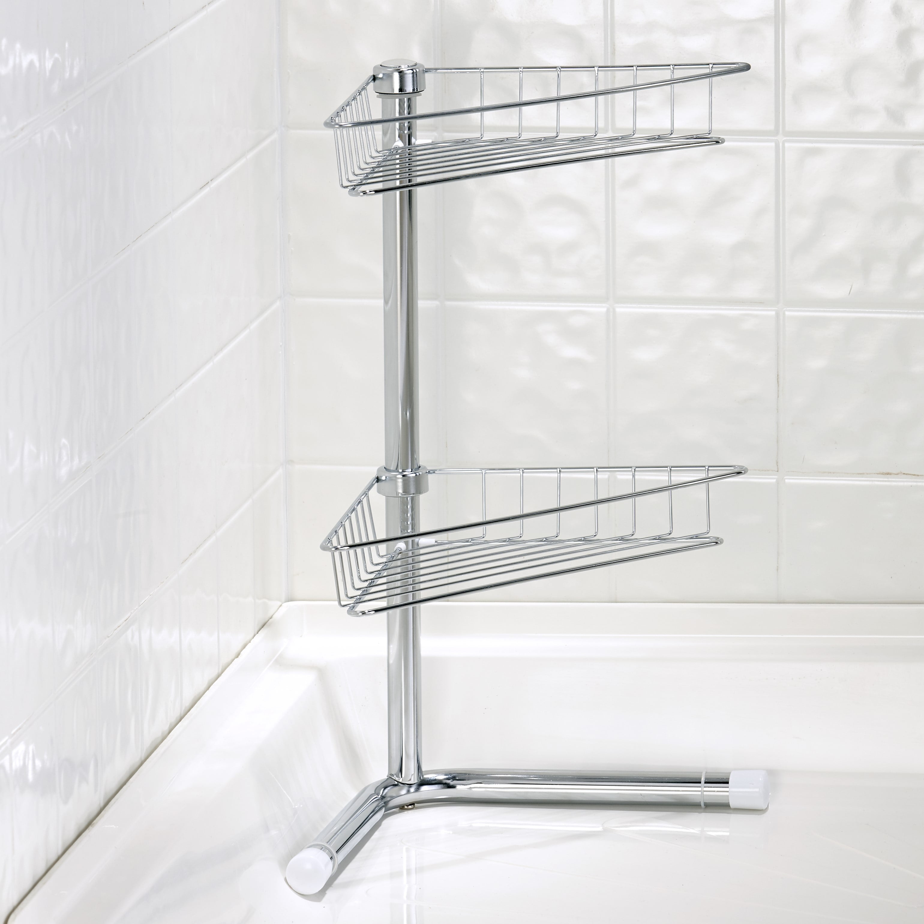 2 Tier Shower Corner Pole Caddy Shelf Rack Bathroom Bath Storage Organizer