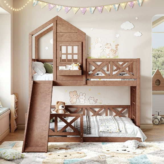 Twin Over Full Bunk Bed Frame with Slide and X-Shaped Safety Guardrail, Wooden House Playhouse Loft Bunk Bed with Window and Storage Space for Bedroom, Apartment, Mattress Not Included, Natural