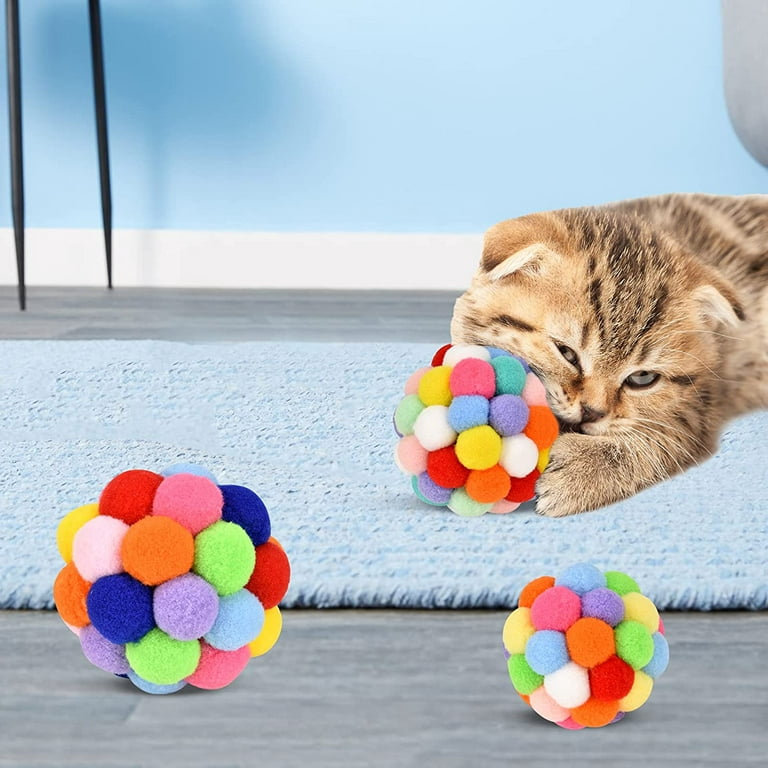 Fmshpon 3 Pcs Cat Toy Balls with Bell - Round Cat Pom Pom Balls Built-In Bell, Colorful Furry Ball with 3 Different Sizes for Indoor Inte