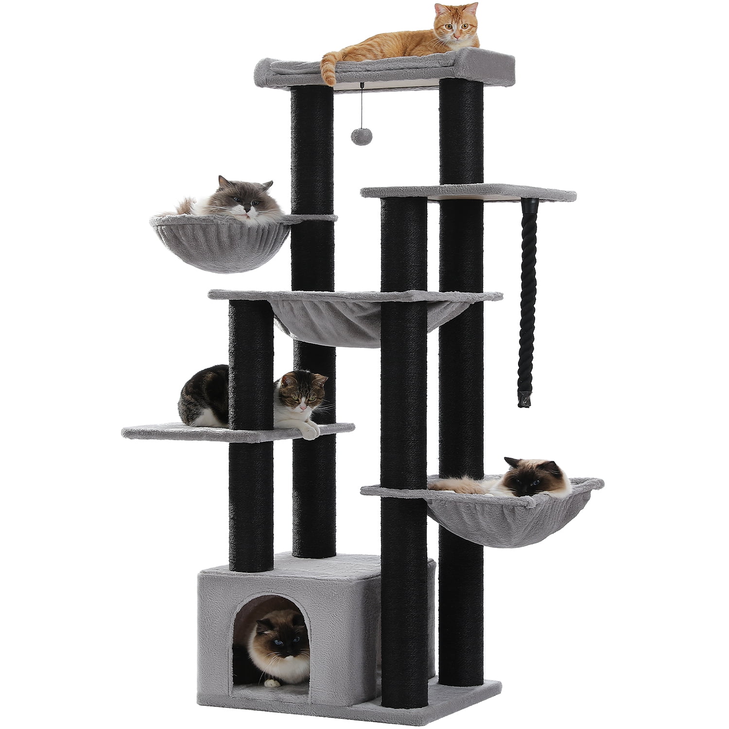PEQULTI 67" Multi-Level Cat Tree with Super Large Scratching Posts Cat Tower with 3 Hammocks Black