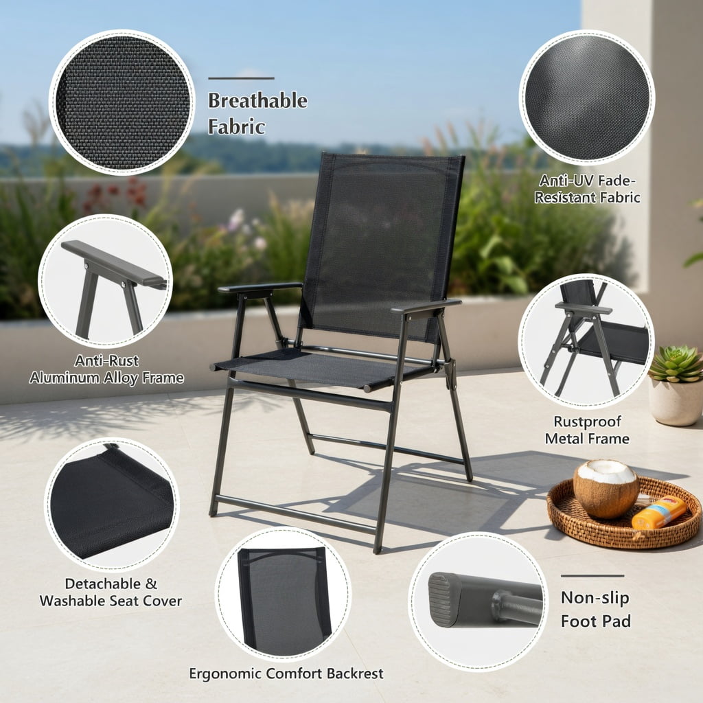 Hommoo 2-Pack Foldable Patio Chairs with Armrests, Heavy-Duty Metal Outdoor Chairs for Deck, Garden, Backyard & Camping, Black