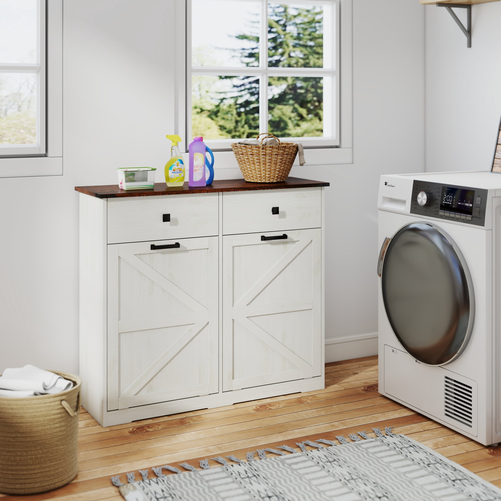 Leumius 20 Gallon Farmhouse Double Tilt Out Trash Cabinet, Free Standing Recycling Cabinet with Hideaway Drawer, Barn Door Style Laundry Sorter Cabinet, Tilt Out Trash Cabinet for Kitchen White