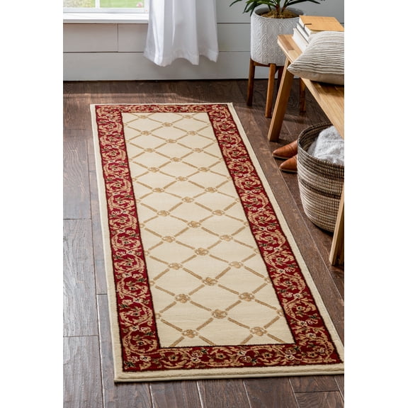 Well Woven Timeless Fleur De Lis Trellis Floral Border Ivory 2'3" x 7'3" Runner Area Rug