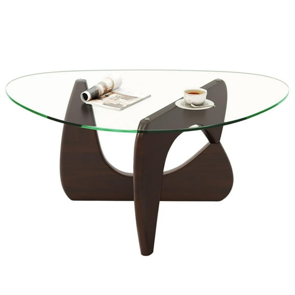 Demi Bonn Triangle Coffee Table, Dining Center Tables with Tempered Glass Top and Adjustable Rubber Wood Base for Living Room, Bedroom, Office and Balcony, Brown