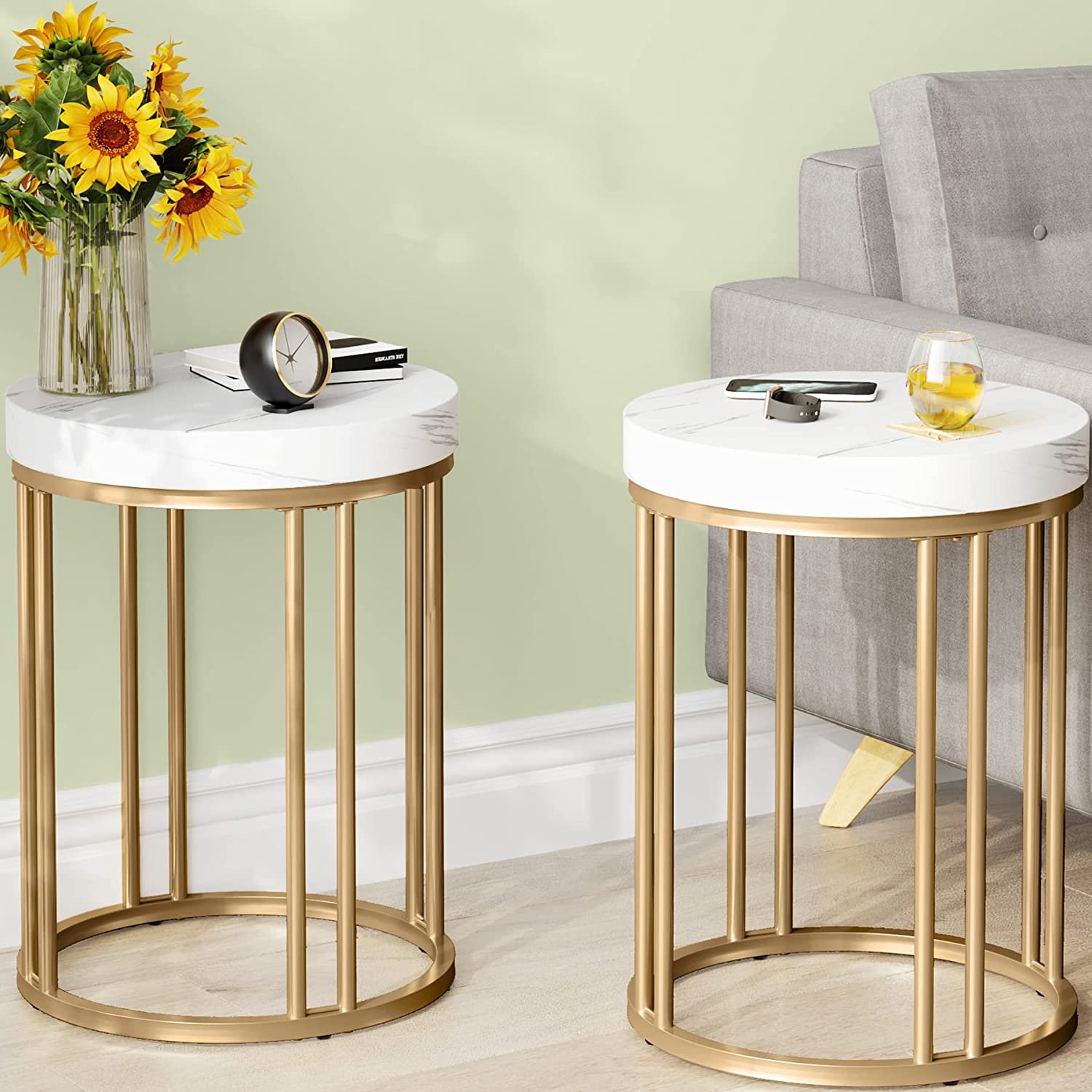 Gold Round Side Table, Tribesigns Small Narrow Side Table with Metal
