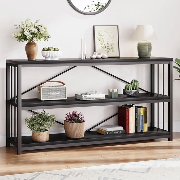 LVB Black Entryway Table, Modern Narrow Console for Hallway, Farmhouse Foyer Table with Storage Shelves, 63 Inch