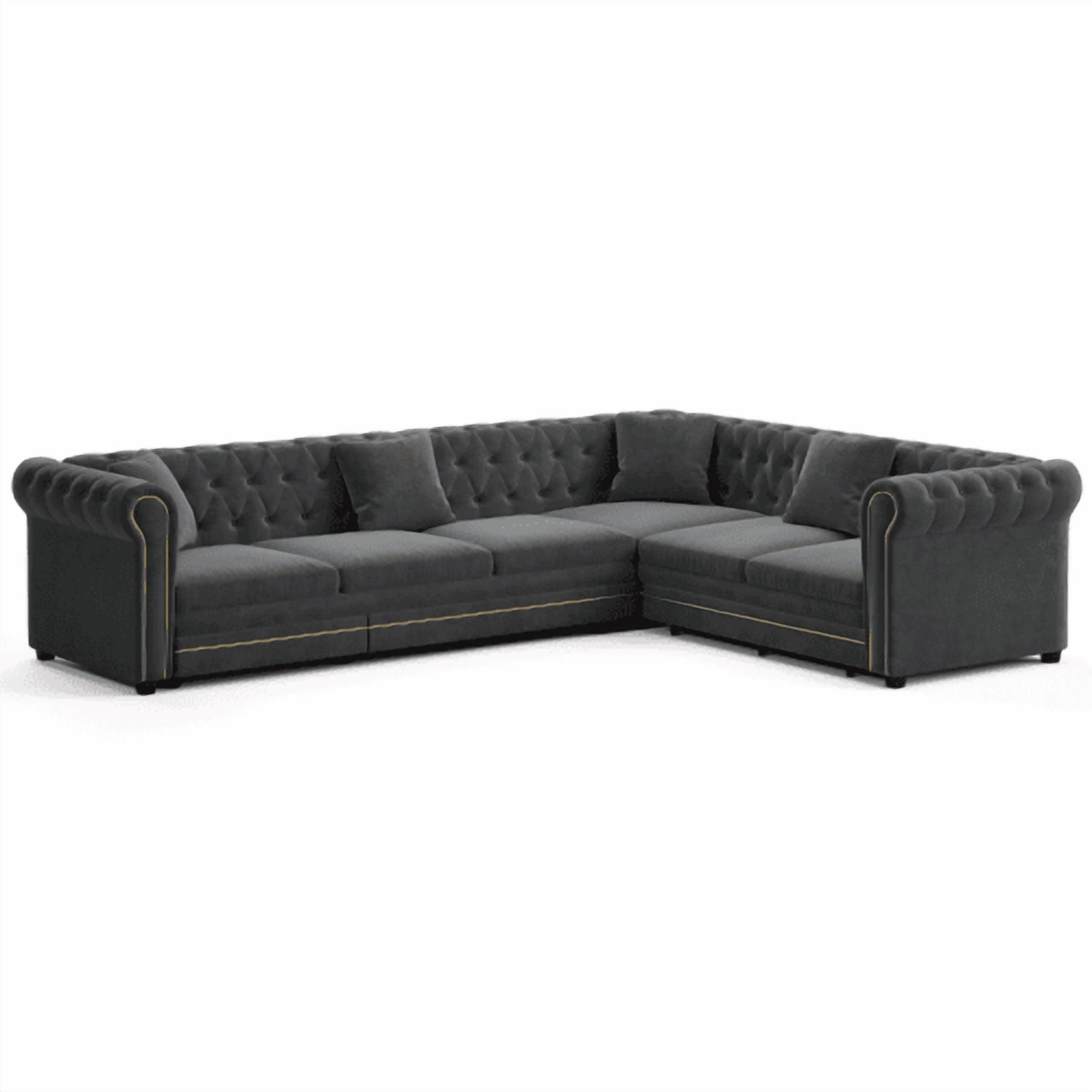 115.3" L-Shaped Velvet Sofa Bed, Button Tufted Pull-Out Sleeper, Gold Trim Rolled Arms, Dark Grey