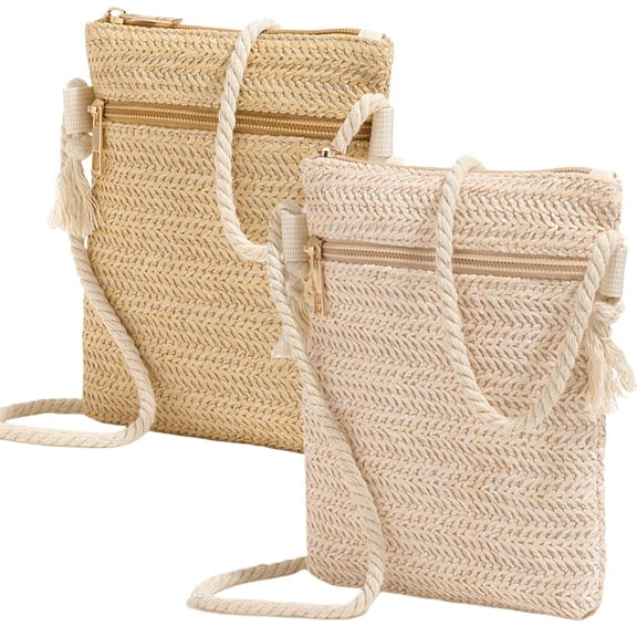 Bopika Woven Straw Crossbody Phone Bags for Women, Beach Pouch and Shoulder Purse Combo, 2 Pcs