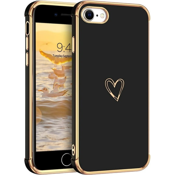 TYPPKMM Love Heart Flexible Plating Protective Cell Phone Case for Apple iPhone SE 2022, Black