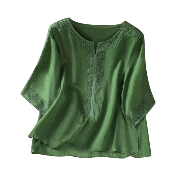 DeHolifer T-Shirts for Women Cotton Linen 3/4 Sleeve Embroidered Retro Printed Crewneck Casual Loose Blouse Green 2XL