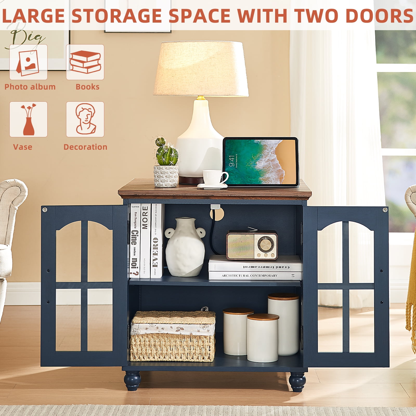 Farmhouse End Table with Charging Station, 24" Large Sofa Side Table, Glass Barn Door, Adjustable Storage Shelf, Rustic Wood Square Nightstand for Living Room, Bedroom, Office - Blue