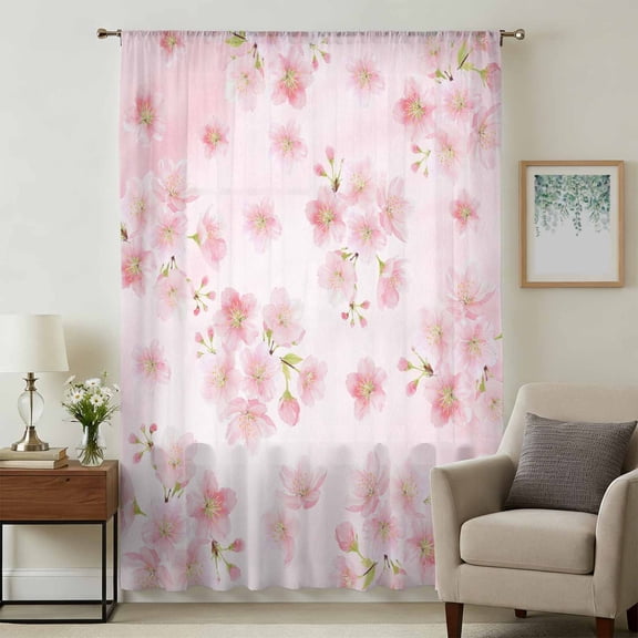 Pink Floral Sheer Curtains 63 Inches Long, Modern Farmhouse Aesthetic Shabby Chic Flower Light Filering Curtains, Breathable Simi Curtain Privacy Drapes for Living Room Bedroom Window Treatment