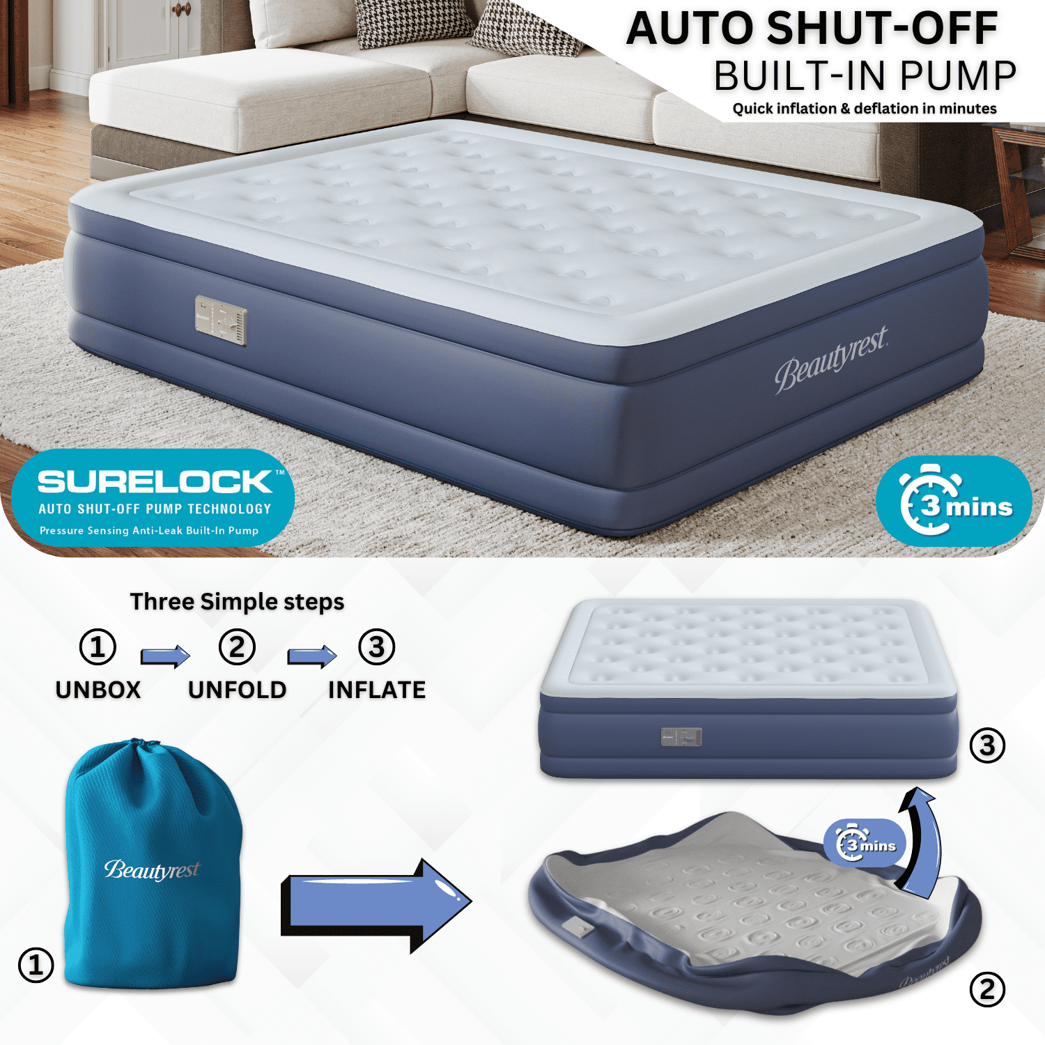 Beautyrest 17" Supreme Air Auto Shut-Off Air Mattress with Built-in SureLock Pump, Queen Size, 3-Year Warranty, Supports 650 lbs, Best for Home, Camping, Guests
