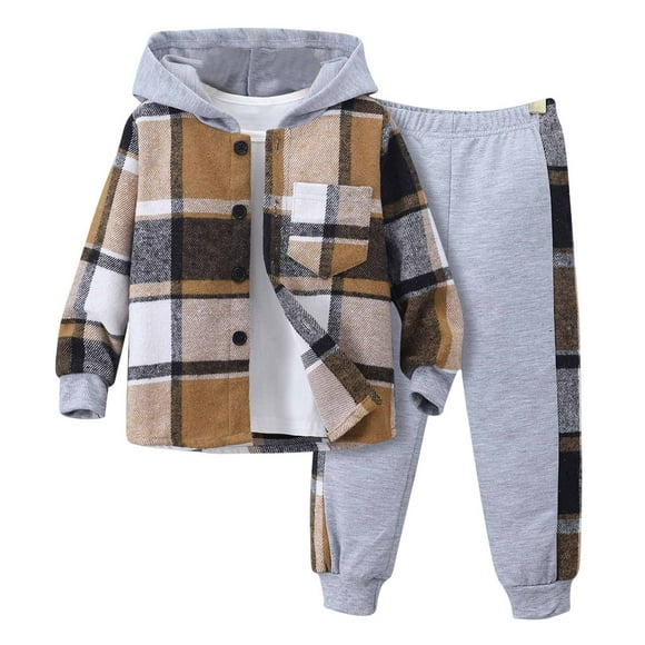 AherBiu Toddler Boys Clothes Plaid Button down Hoodies Shirts with Sweatpants Fall Casual Comfy Kids Outfits