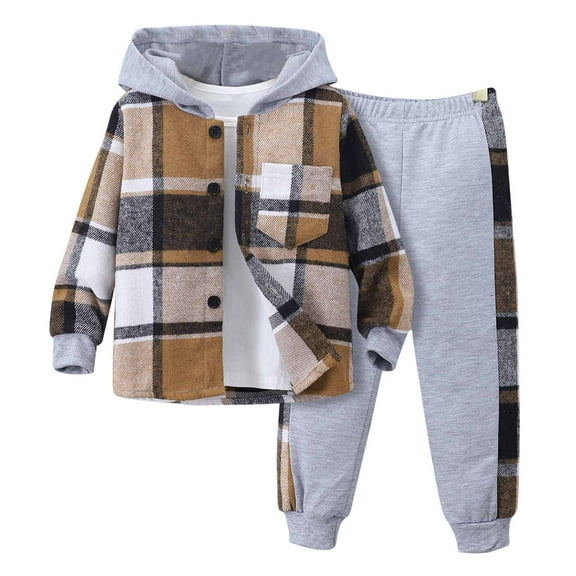 Utoimkio Toddler Plaid Print Fall Outfits for Boy Girls Long Sleeve Button Down Hooded Sweatsuit Tops and Sweatpants Set Baby Girl Winter Clothes