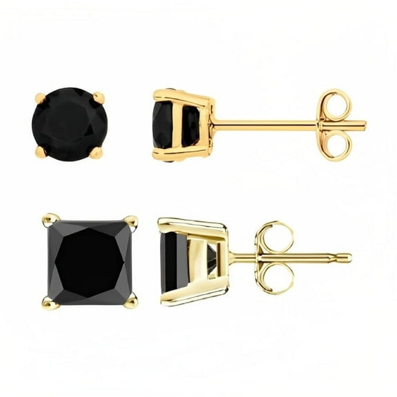 Bonjour Jewelers 18k Yellow Gold 2 Pair Black Moissanite Round & Princess Cut Stud Earrings Plated 6mm