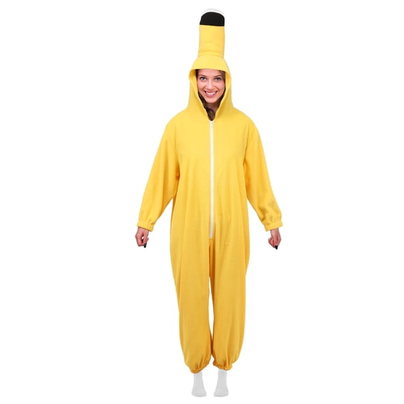 Yellow Banana Onesie Costume Adult Plush Zipper Jumpsuit for Halloween Party Cosplay
