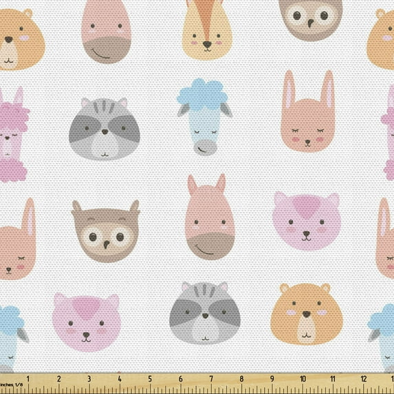 Cartoon Sofa Upholstery Fabric by the Yard, Animals Zoo Cat Llama Horse Sheep Owl Rabbit Bear Drawing in Pastel Tones, Decorative Fabric for DIY and Home Accents, White and Multicolor by Ambesonne