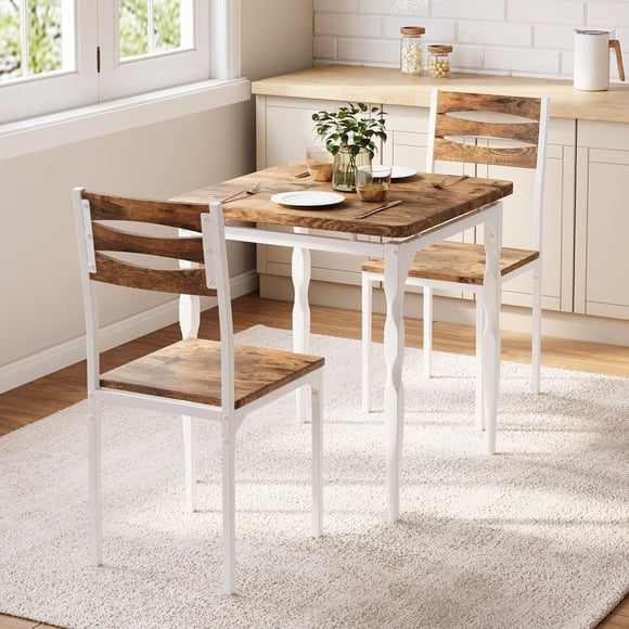 3 Pcs Dining Table Set for 2 Compact Kitchen Table and Chairs Set with Spiral Metal Legs Space-Saving Furniture for Apartment and Small Spaces White Brown