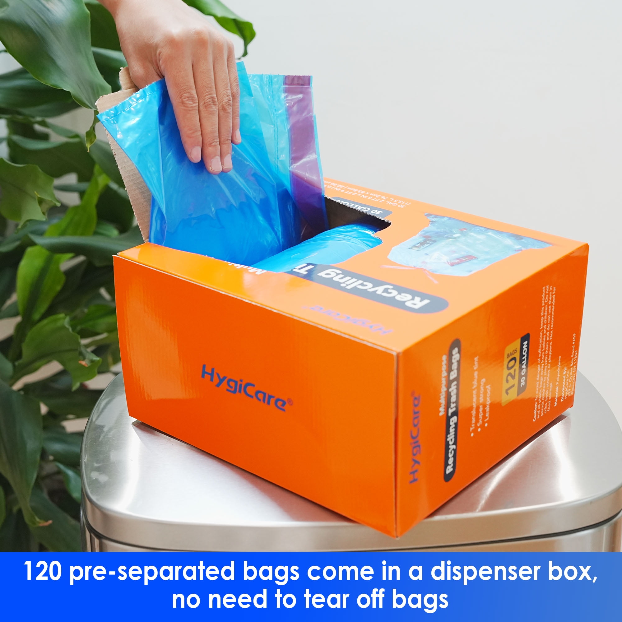 HygiCare Recycling Trash Bags, 30 Gallon, 120 Count, Unscented, Super Strong, Leakproof, Translucent Blue