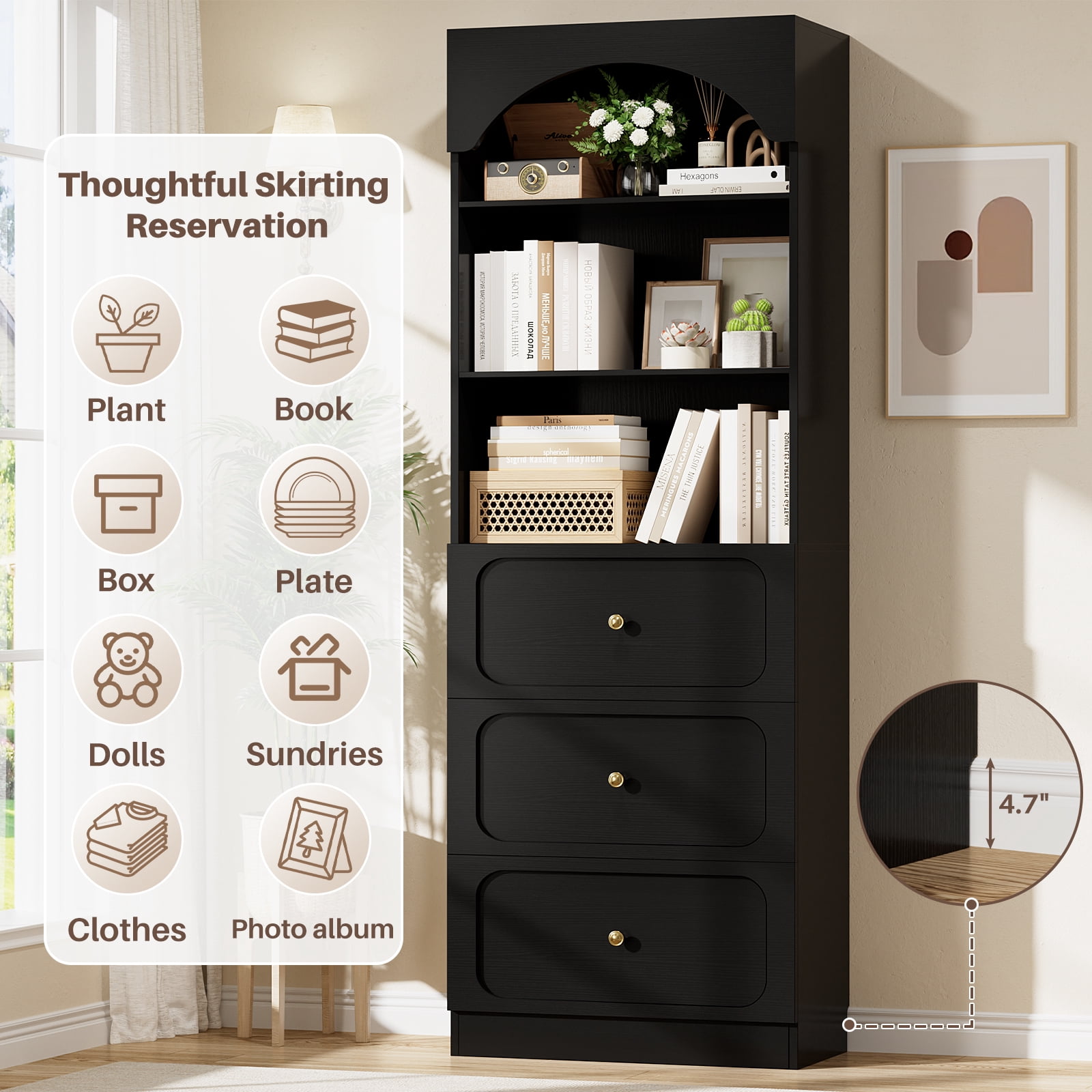 Homieasy 80" Tall Arched Bookcase with 3 Drawers & 3 Open Shelves - Wooden Storage Cabinet for Living Room, Kitchen, Office,Black