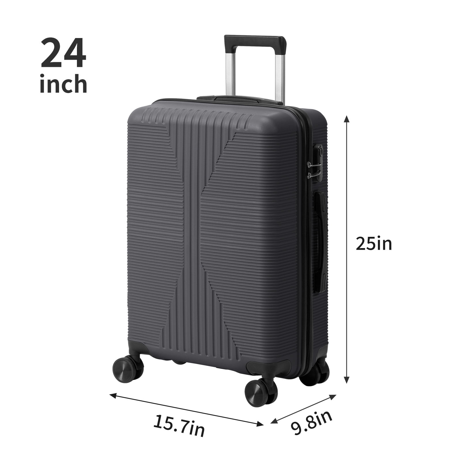Dark Grey PP 24 Inch Expandable Hard Shell Suitcase, 360 Silent Spinner Wheels Checked Luggage for 4-7 Days Business Family Travel