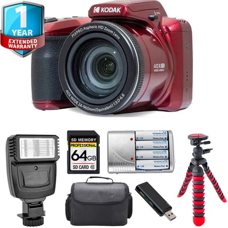 Kodak PIXPRO AZ405 Digital Camera (Red) + 1 Yr Warranty + Flash - 64GB Kit