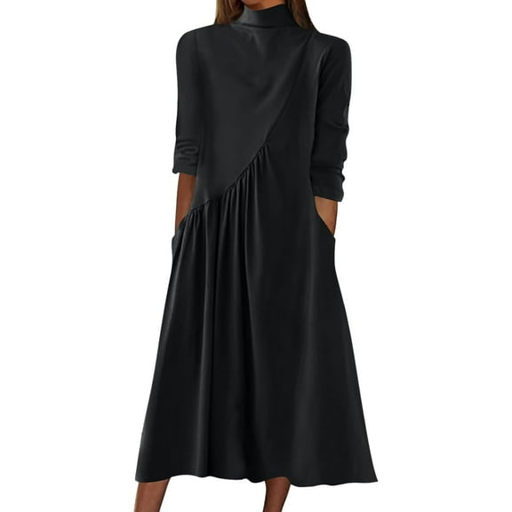 Womens Long Sleeve Turtleneck Casual Dresses Fall Winter Loose Pleated Solid Color Swing Midi Dress With Pockets T Shirt Dresses Knee Length Loose Dress Cute Dresses with Pockets Womens Dresses Semi