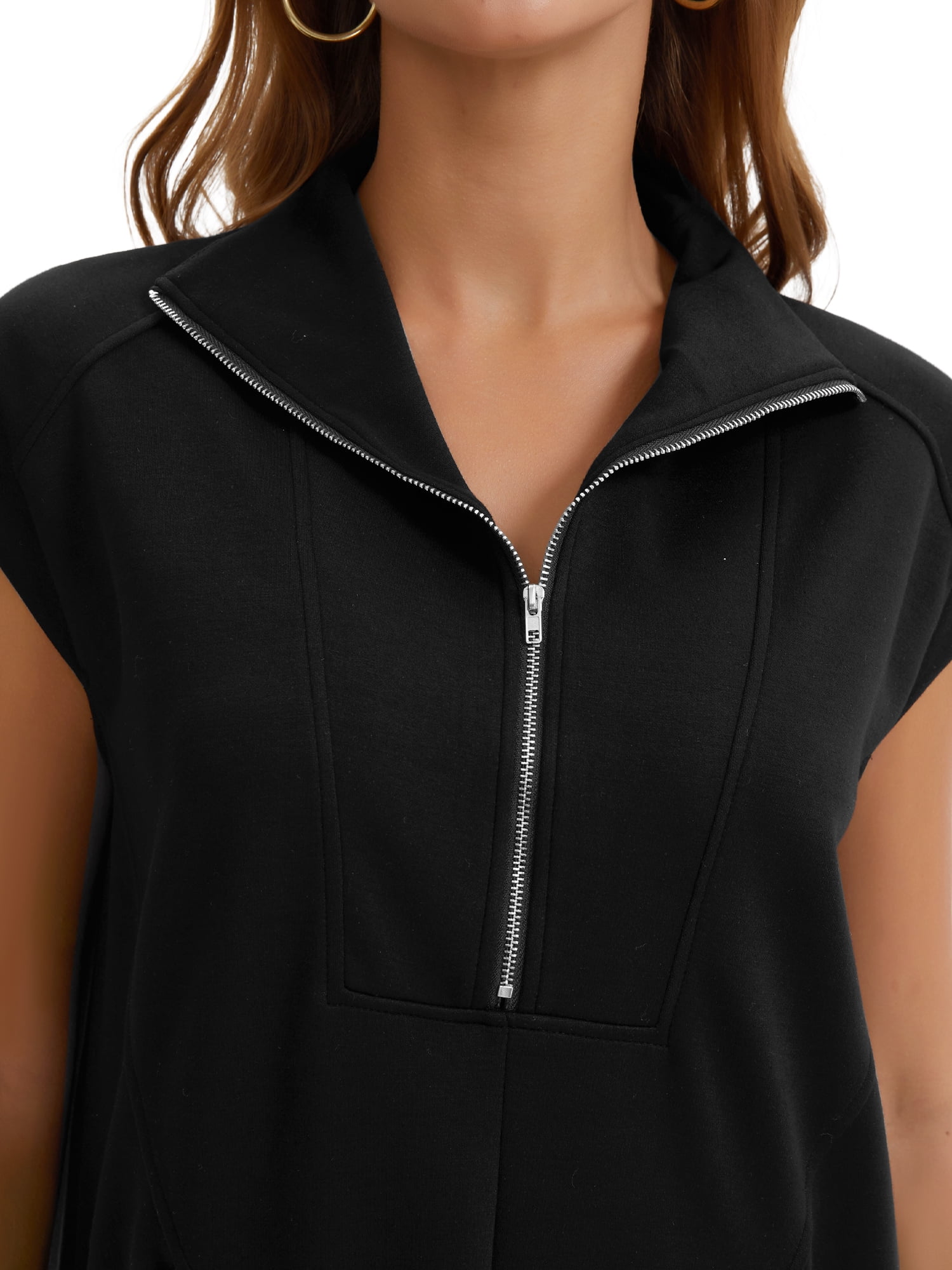 DARING DIVA Women's Half Zip Cap Sleeve V Neck Collared Tunic Dresses S Black