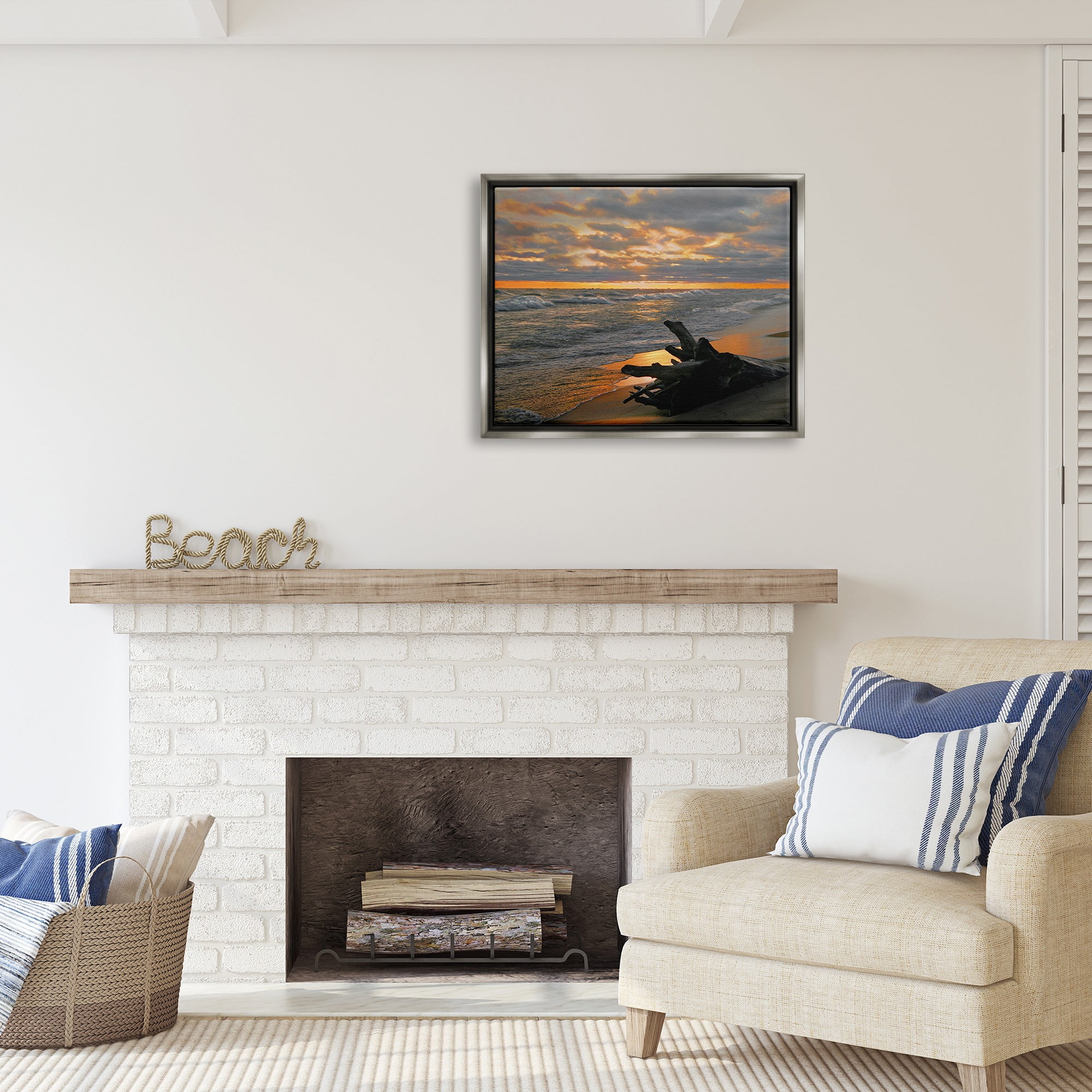 Stupell Industries Driftwood at Sunset Landscape Photography Gray Floater Framed Canvas Art Print Wall Art, 31 x 25