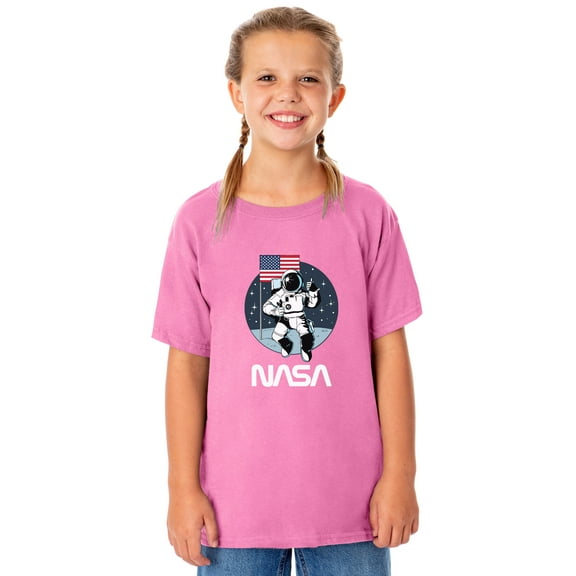 NASA Girls' T-Shirt Retro Logo Thumbs Up Astronaut Flag Short-Sleeve Crewneck Top