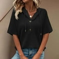 thumbnail image 4 of Women Short Sleeve Hooded Summer Top Waffle Knit Tee Shirts Drawstring Hoodies Button V Neck Blouse, 4 of 8