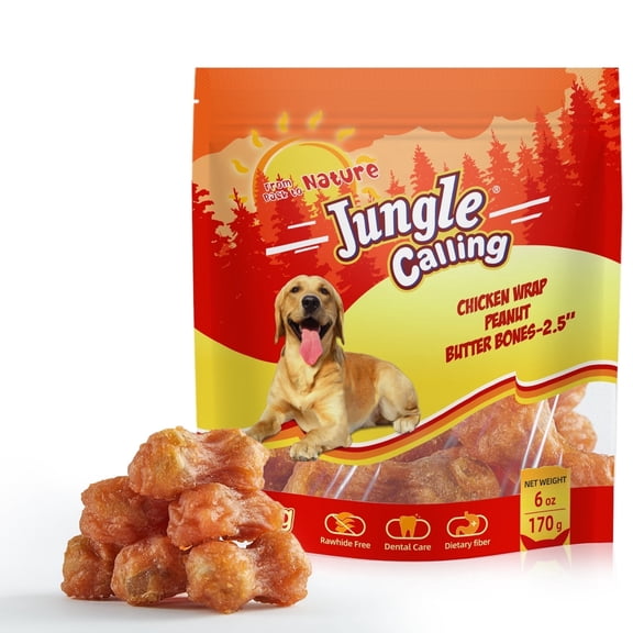 Jungle Calling Rawhide Free Dog Chew Treats, Real Chicken Wrapped Peanut Butter Bones, Teeth Clean Chewy Training Snacks, 6 oz
