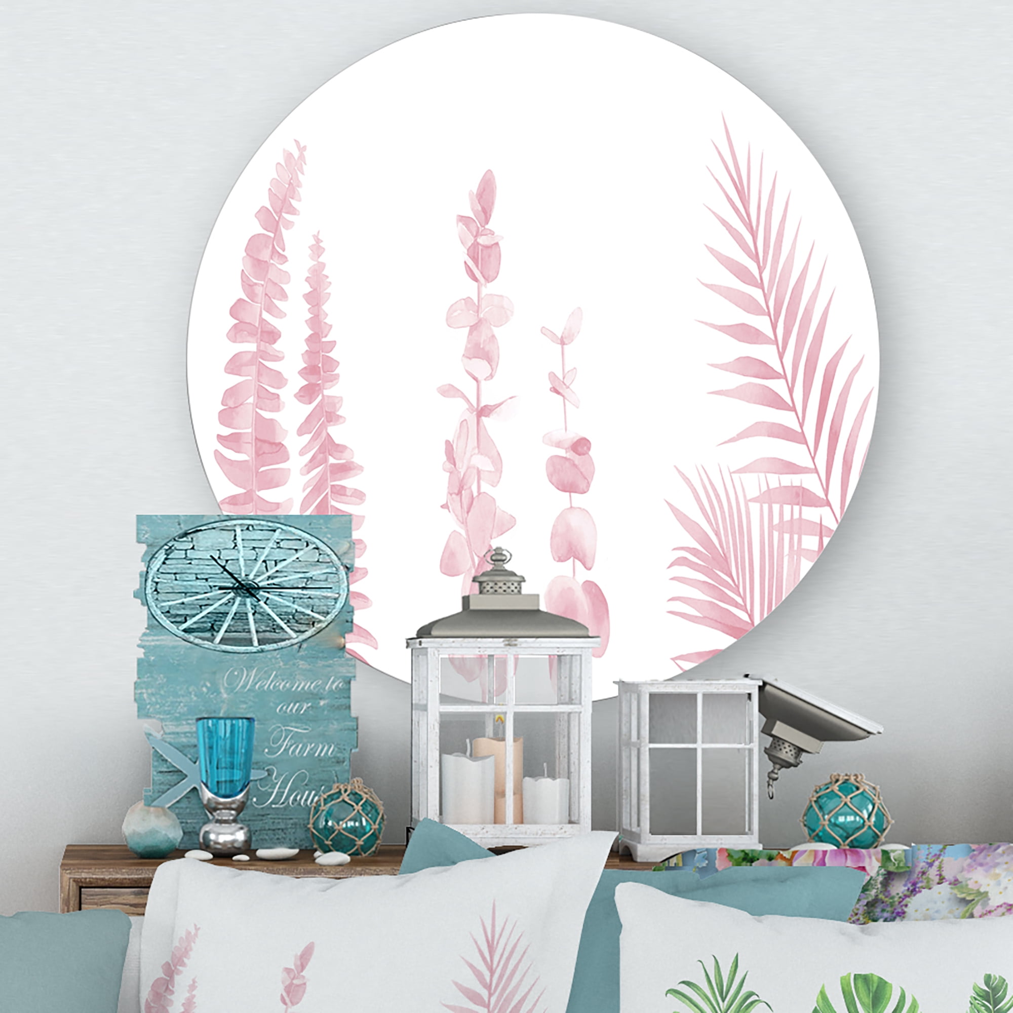 Designart 'Palm Branches and Blush Pinkeucalyptus' Shabby Chic Circle Metal Wall Art 23x23 - Disc of 23
