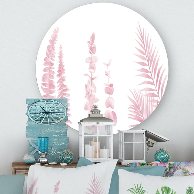 Designart - Blush Pinkeucalyptus and Palm Branches - Shabby Chic Metal Circle Wall Art