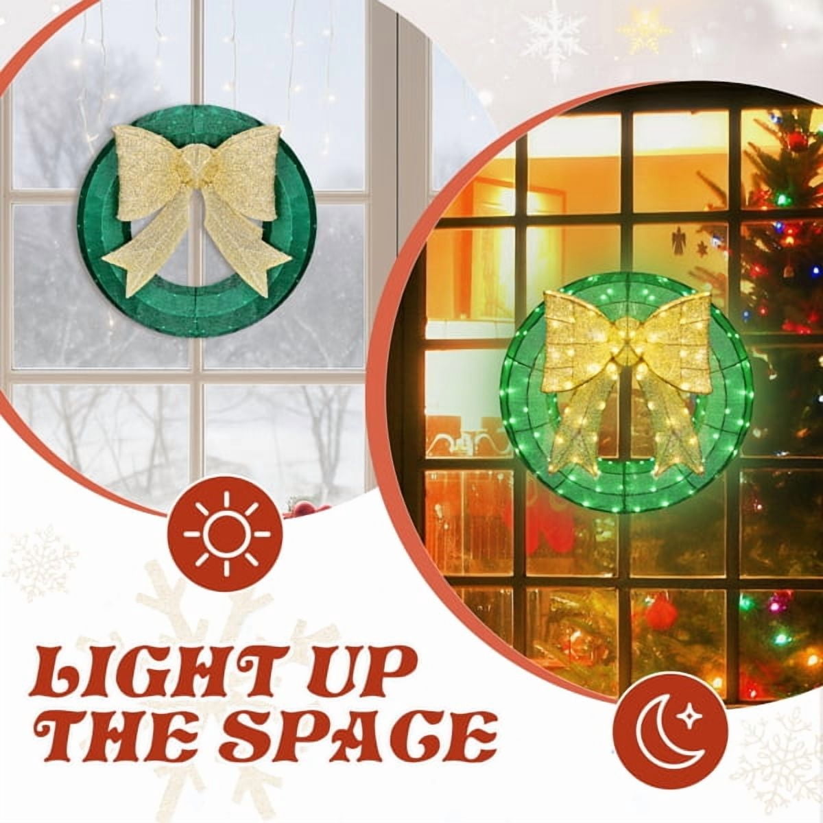 Alvantor 24 in Pre-Lit Christmas Wreath with 200 Green and Warm White LED Lights, Golden Bow and Weather-Resistant Metal Frame