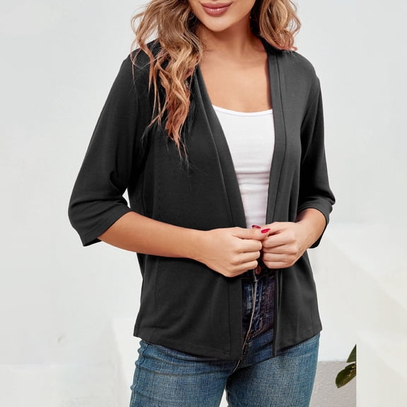 ZHOGXU Women's Cardigan 3/4 Sleeve Open Front Solid Color Knit Lightweight Comfortable Stylish Coat Jacket For Casual Daily Wear Black L