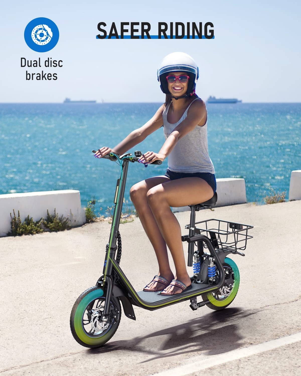 Kistp 450W Electric Scooter with Seat for Adult, 12 inch Commuter Electric Scooter with Basket - up to 21 Miles 15.5MPH