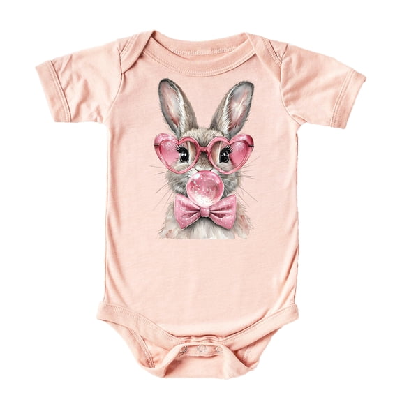Easter Bunny Bubble Gum Bodysuit for Baby Girls Spring Holiday Cute Rabbit with Glasses Toddler One-Piece Peach Bodysuit 24 Months