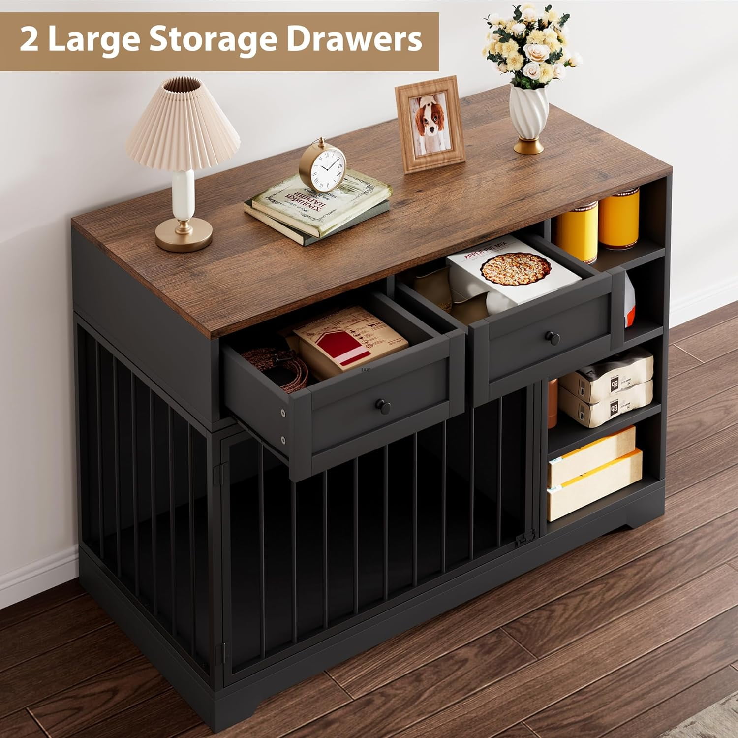 Homhougo Dog Crate Furniture 47”, Large Dog Crate TV Stand with 2 Drawers and 4 Shelves, Wooden Dog Kennel Indoor, Decorative Dog Cage with Storage for Large Dogs, Black