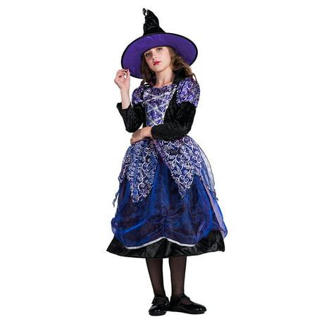 Girls Halloween Witch Costume Dress & Hat Kit Masquerade Cosplay Party Props--S Size for 4-6 Years Old