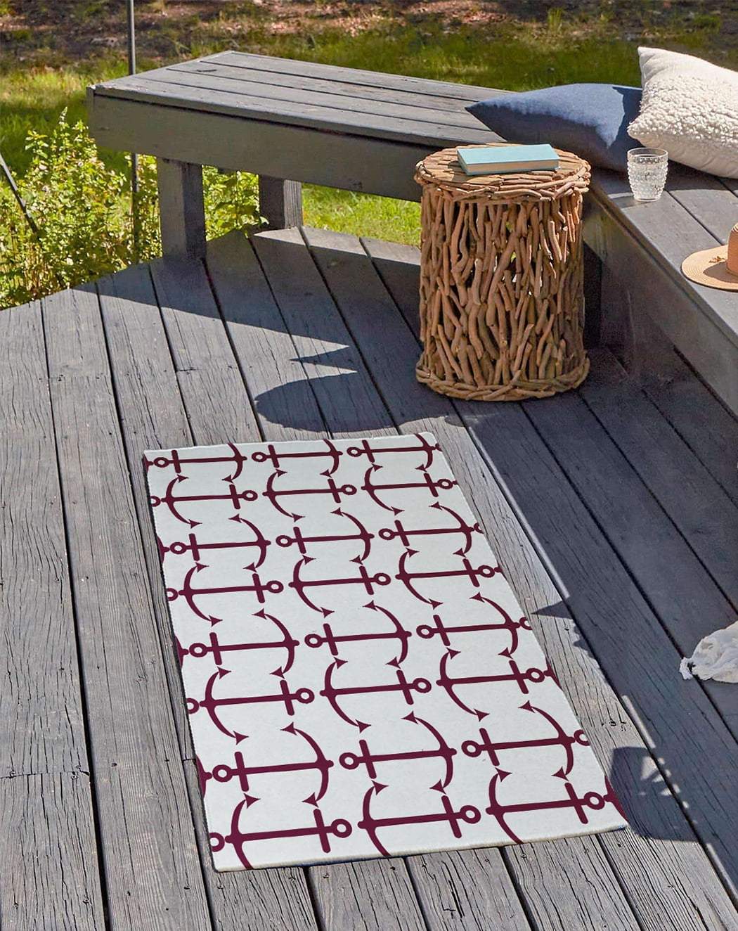 24" 36" Simply Daisy Anchor Pattern Beach Style Chenille Area Rug, Maroon Red