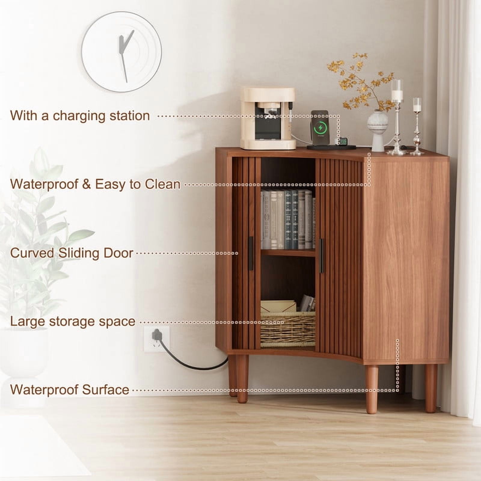 Fluted Corner Cabinet with Charging Station, Small Corner Floor Cabinet with Sliding Doors, Modern Wooden Freestanding Narrow Storage Organizer for Living Room, Small Space,Dining Room, Bathroom