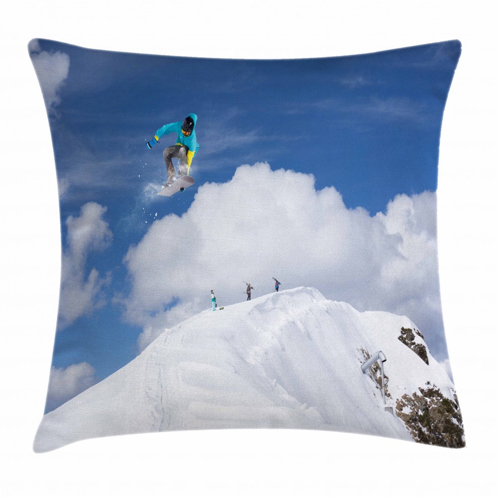 Winter Throw Pillow Cushion Cover, Flying Snowboarder on the
