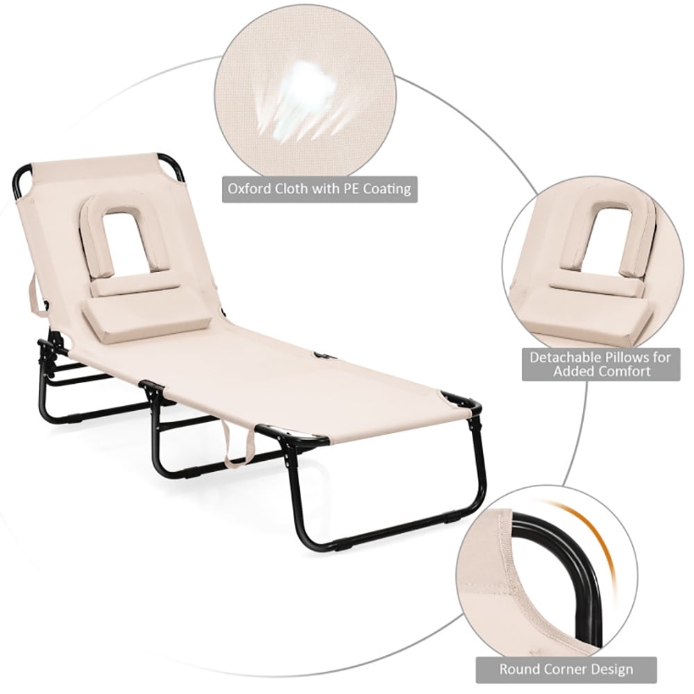 Aimee Lii Outdoor Folding Chaise Beach Pool Patio Lounge Chair Bed with Adjustable Back and Hole, Patio Loungers, Beige